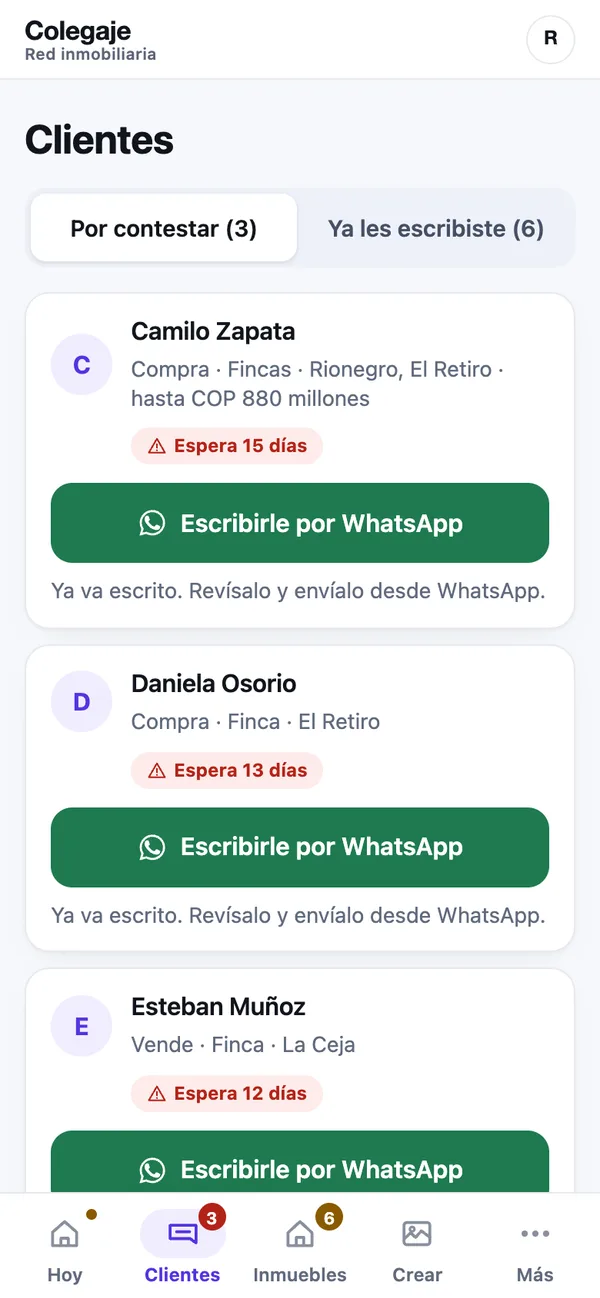 Ejemplo: la pantalla Clientes, cada consulta con su nombre, lo que busca y el botón para escribirle por WhatsApp