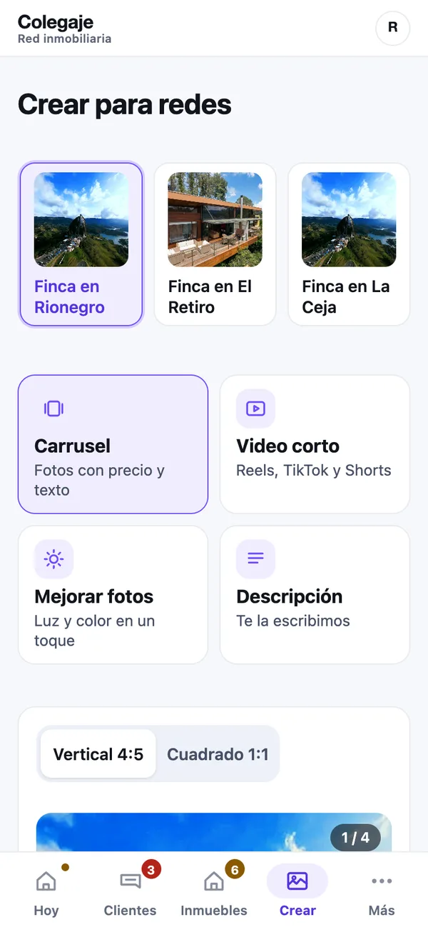 Ejemplo: la pantalla Crear del panel, con los inmuebles para escoger y las opciones Carrusel, Video corto, Mejorar fotos y Descripción