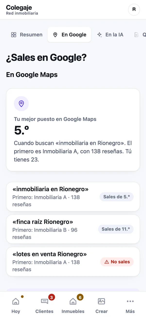 Ejemplo: la pantalla ¿Te encuentran?, con el puesto del asesor en Google Maps para cada búsqueda