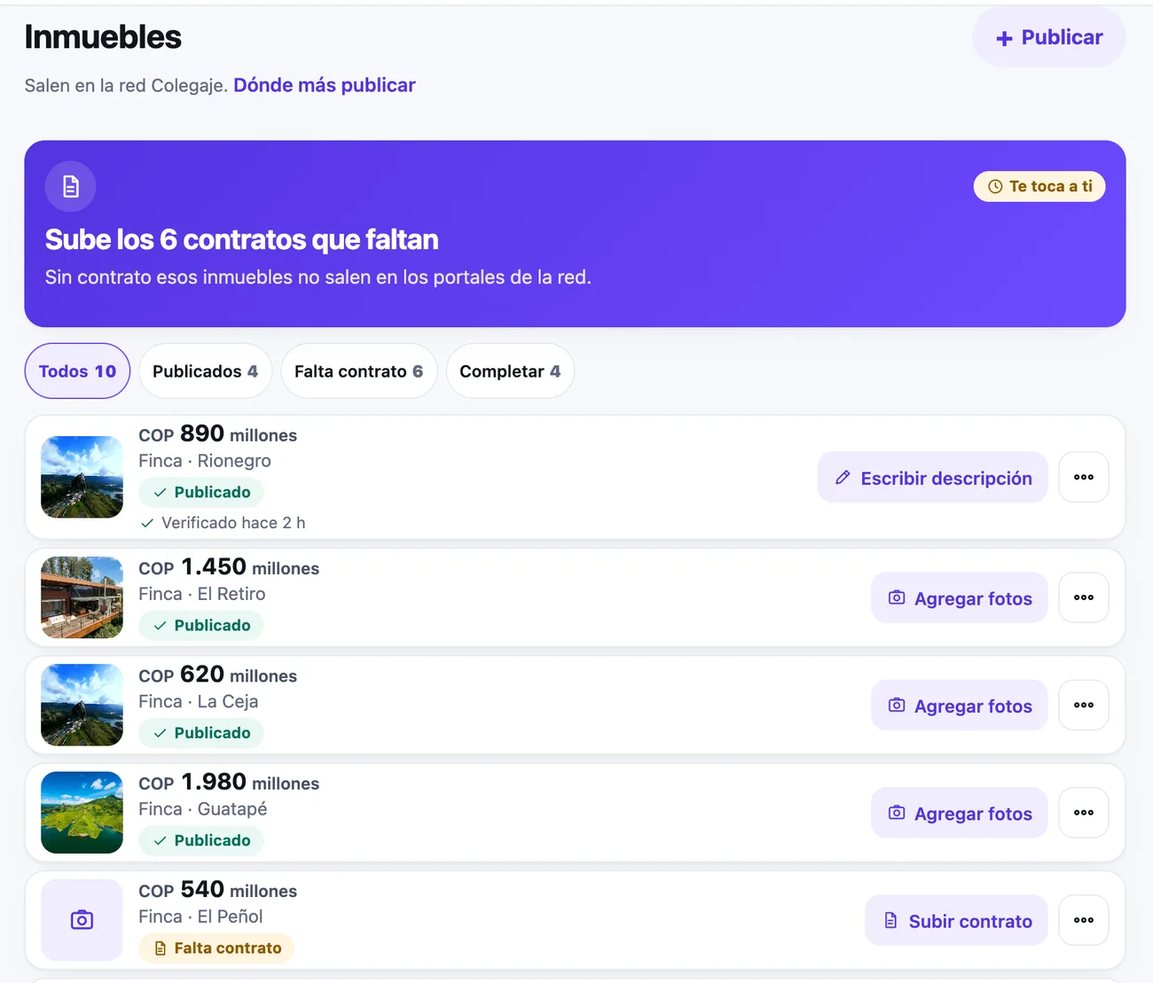 Ejemplo: la lista de inmuebles del panel, cada uno con su precio, su estado de publicación y lo que le falta