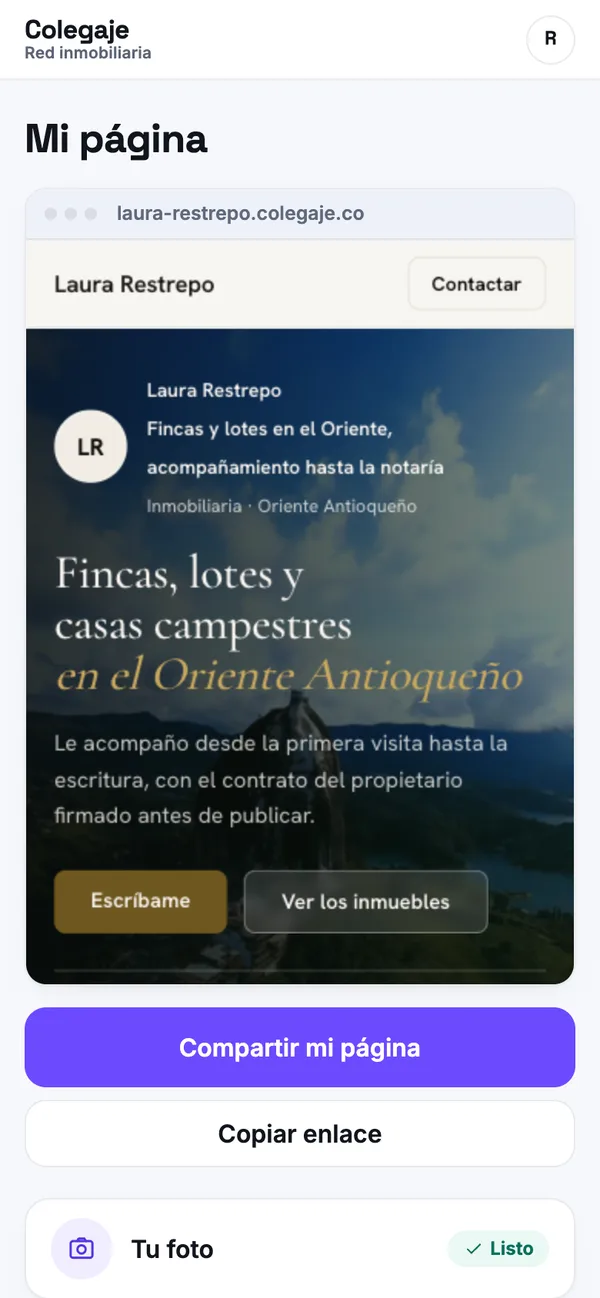Ejemplo: la pantalla Mi página, con la vista de la página del asesor y el botón para compartirla