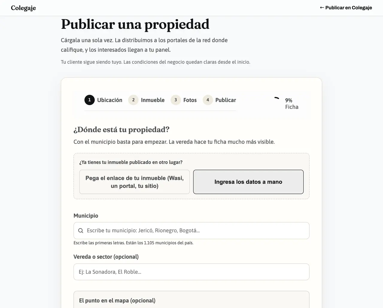 El formulario real para publicar un inmueble en Colegaje